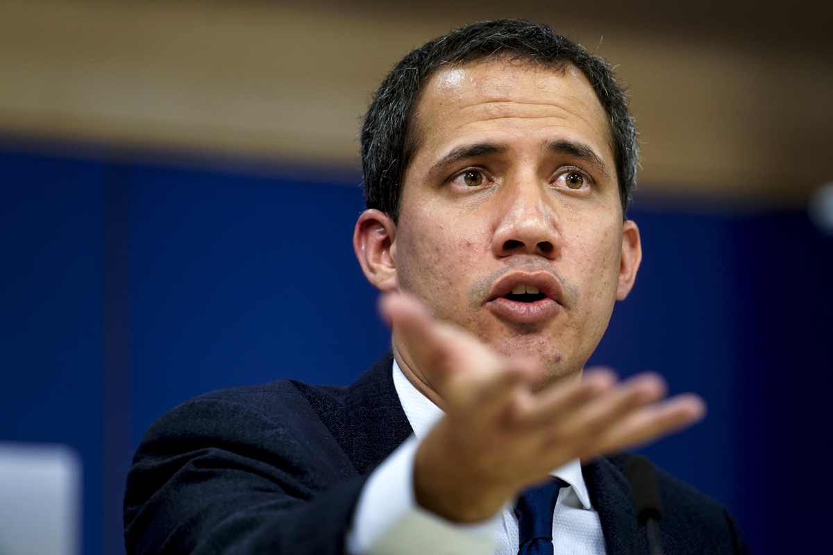 Venezuelan opposition leader Juan Guaido speaks during a press conference at the European Parliament in Brussels on January 22, 2020. - The European Union offered a pointedly warm welcome to Venezuelan opposition leader Juan Guaido, who is seeking to broaden international support for elections to vote President Nicolas Maduro out of power. (Photo by Kenzo TRIBOUILLARD / AFP)