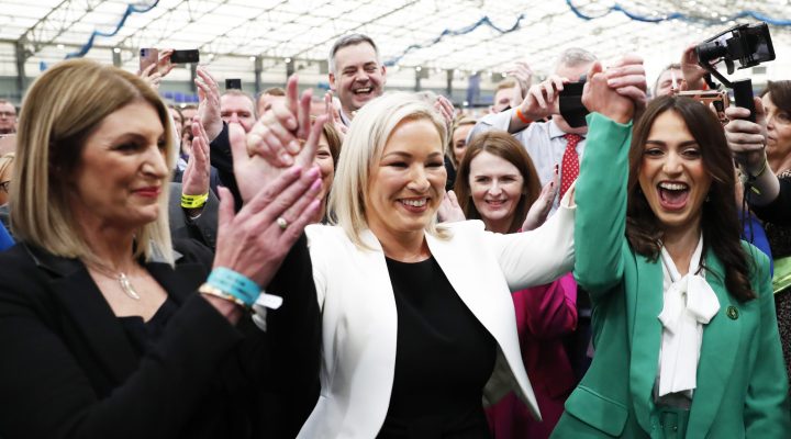 Sinn Fein's Vice President Michelle O'Neill, centre, celebrates with party colleagues after being elected in Mid Ulster at the Medow Bank election count centre in Magherafelt , Northern Ireland, Friday, May, 6, 2022. (AP Photo/Peter Morrison)