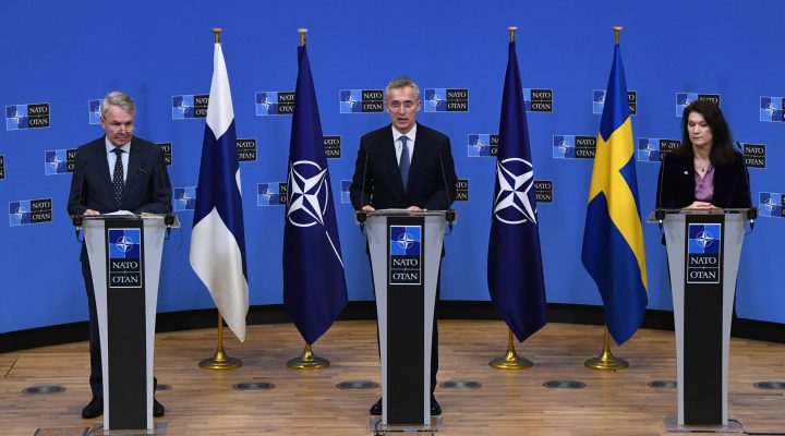 NATO Secretary General Jens Stoltenberg (C), Finland Ministers for Foreign Affairs Pekka Haavisto (L) and Sweden Foreign minister Ann Linde (R) give a press conference after their meeting at the Nato headquarters in Brussels on January 24, 2022. (Photo by JOHN THYS / AFP) (Photo by JOHN THYS/AFP via Getty Images)